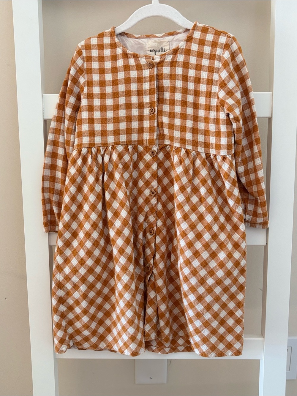 Gingham Button-Front Kids Nightgown in Rust and White